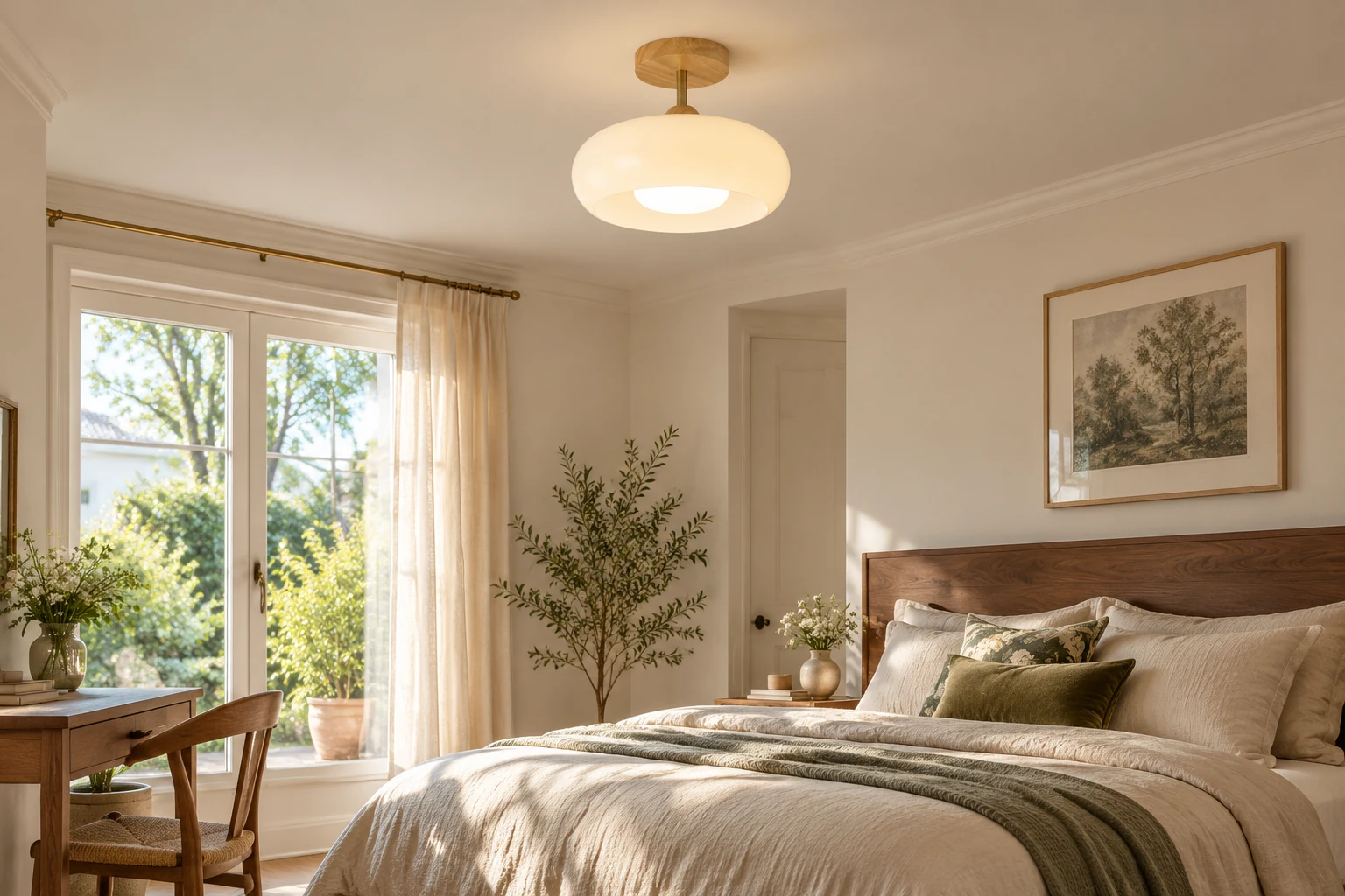 화이트 ceiling lamp in a bedroom with linen bedding and a walnut headboard