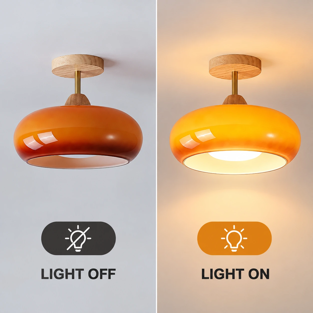 오렌지 lamp comparison: light off on the left and light on on the right