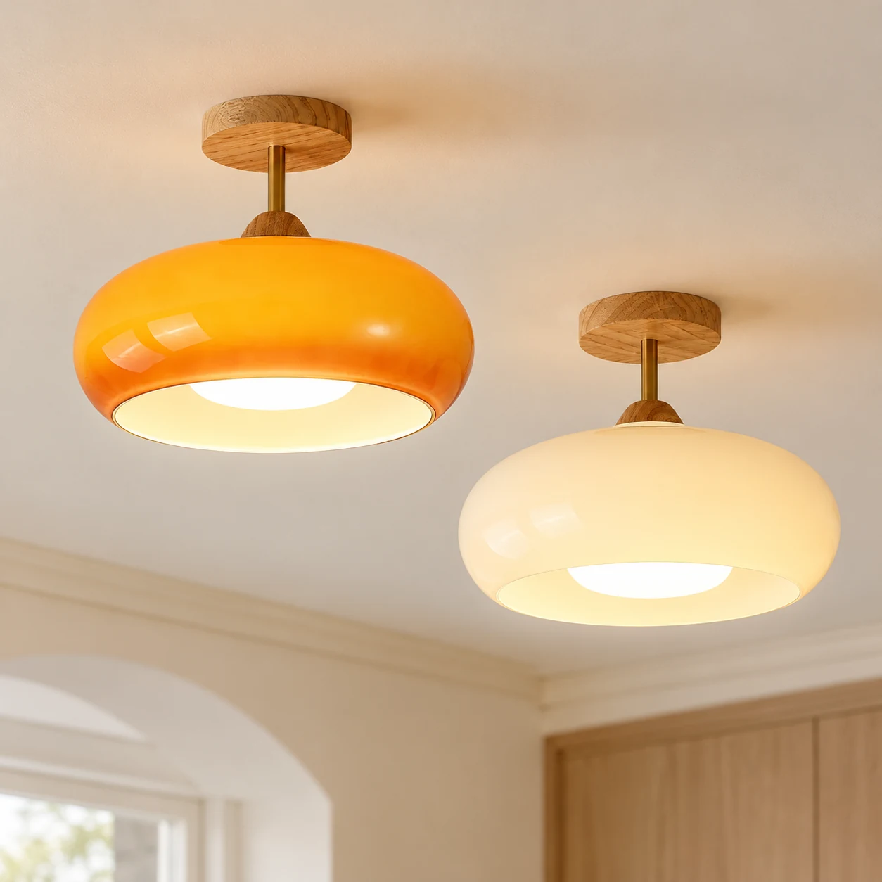 오렌지 and 화이트 glass ceiling lamps with wooden canopies and short brass stems