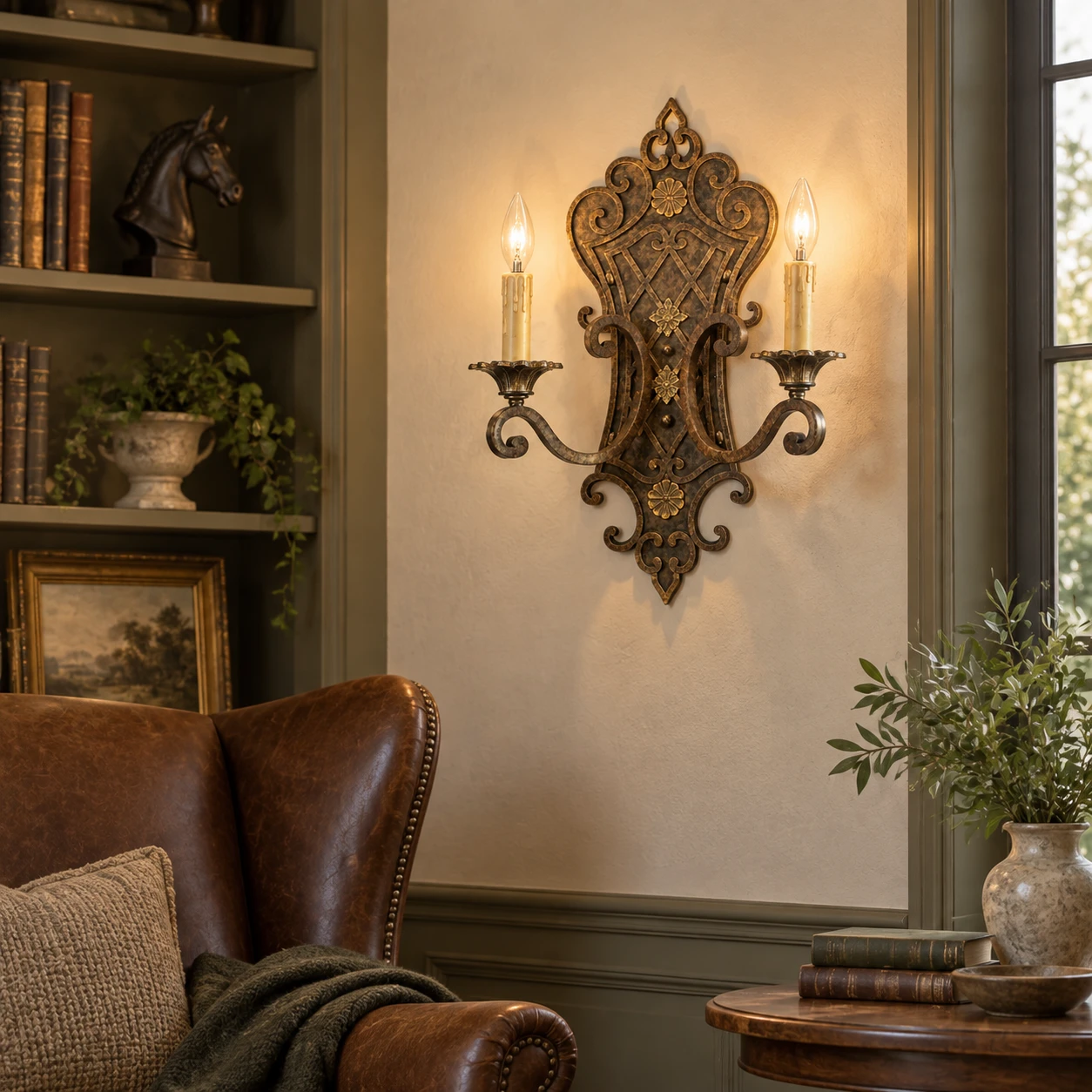 Elena French Decorative Iron Wall Sconce in a residential interior