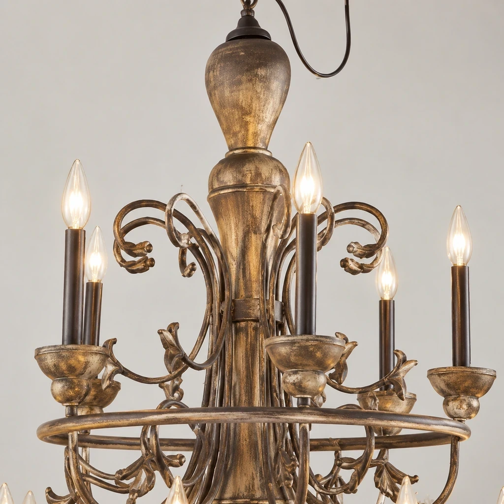 Close detail of the central stem and upper lantern-like shade