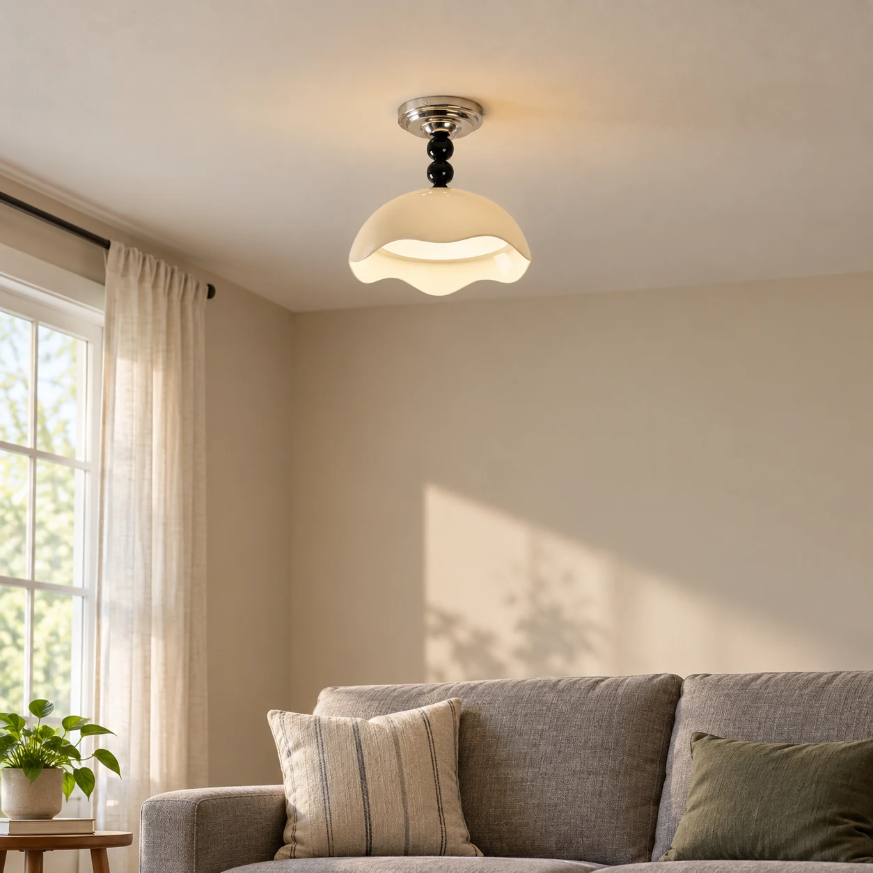 Mira Memphis Scalloped Acrylic and Metal Flush Mount Ceiling Light — scene cream living