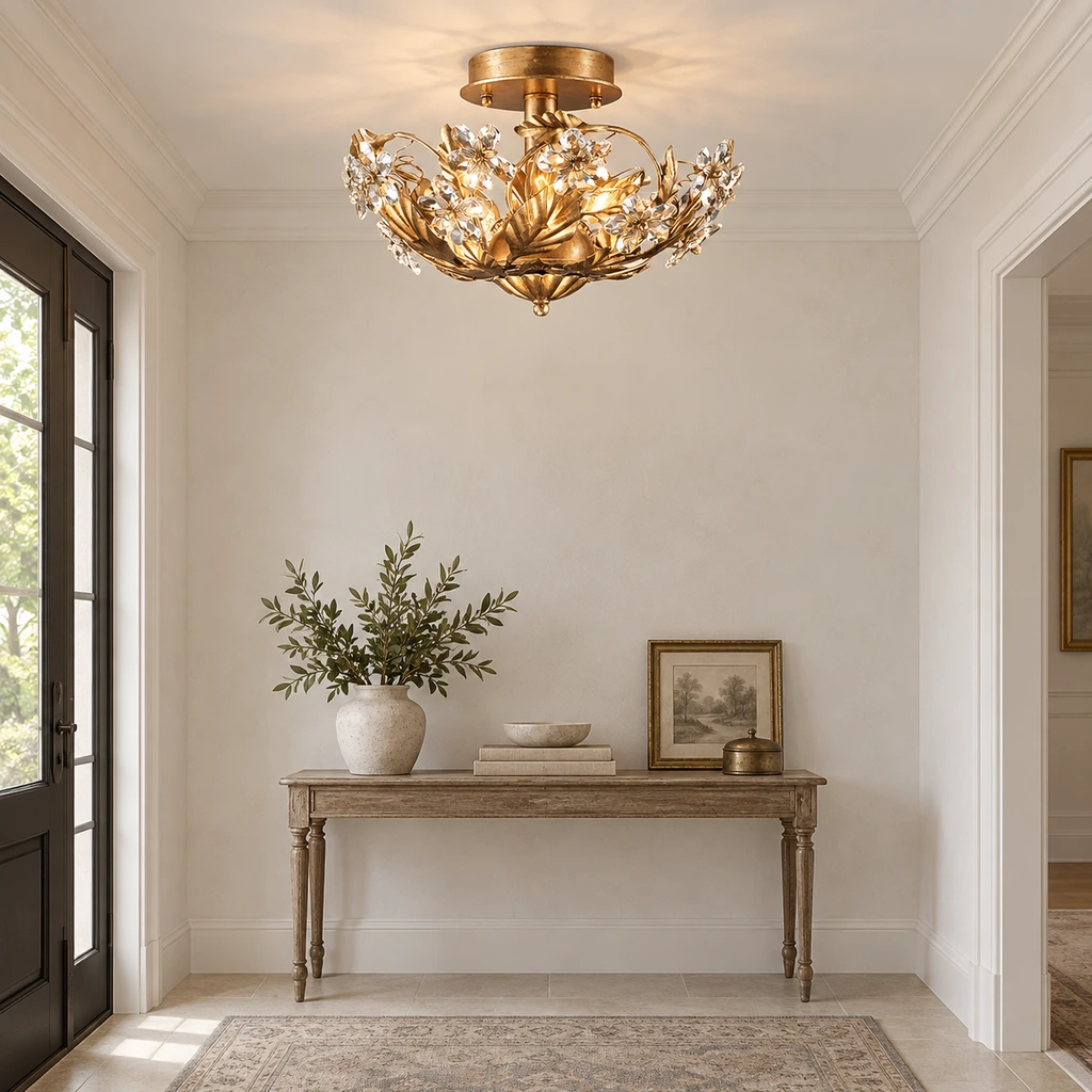 Elodie floral crystal ceiling light installed in an entry hall