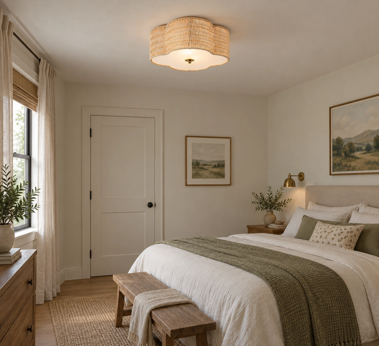 Hand-woven rattan flush mount ceiling light in a bedroom wide view