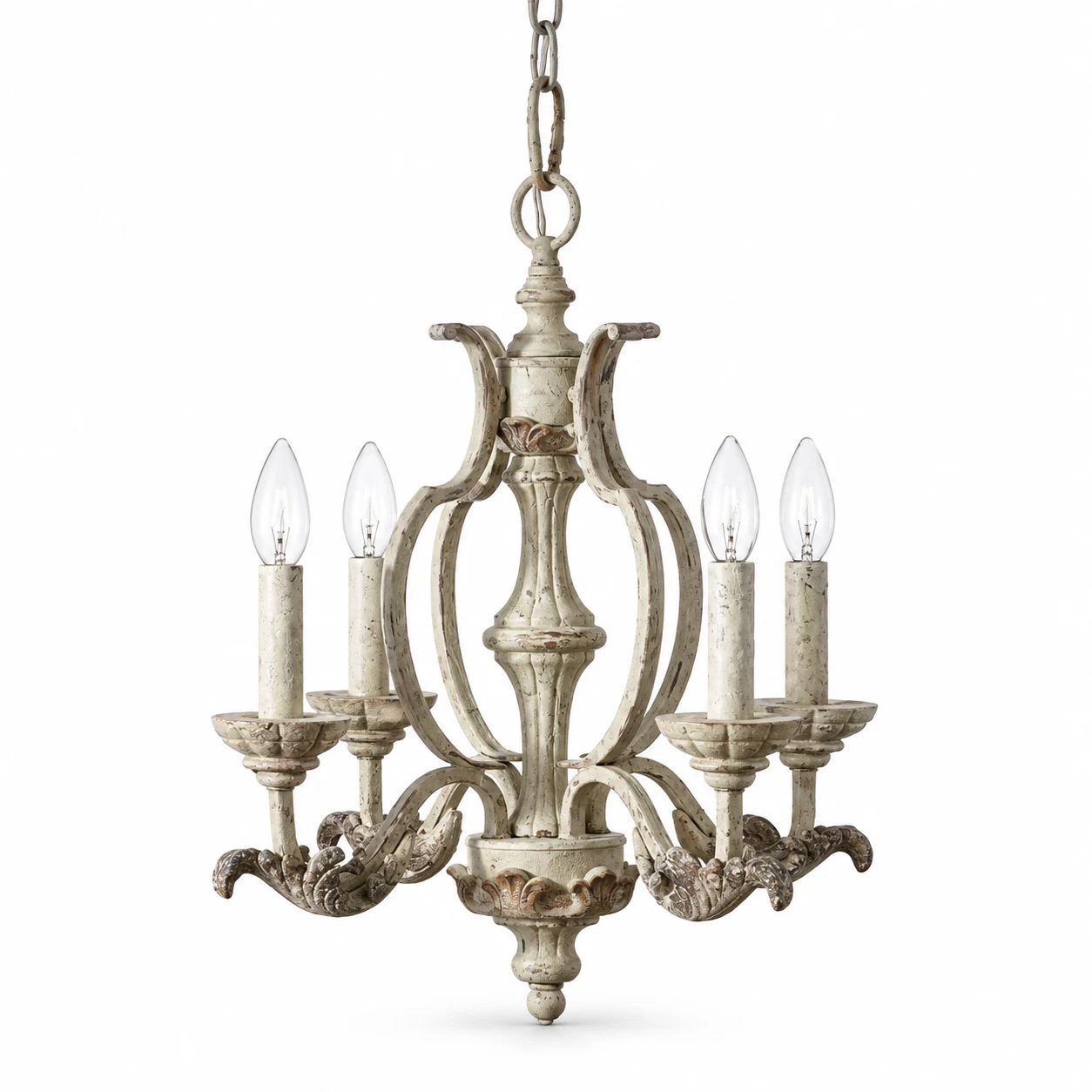Adeline vintage carved wood four-light chandelier on a clean white background