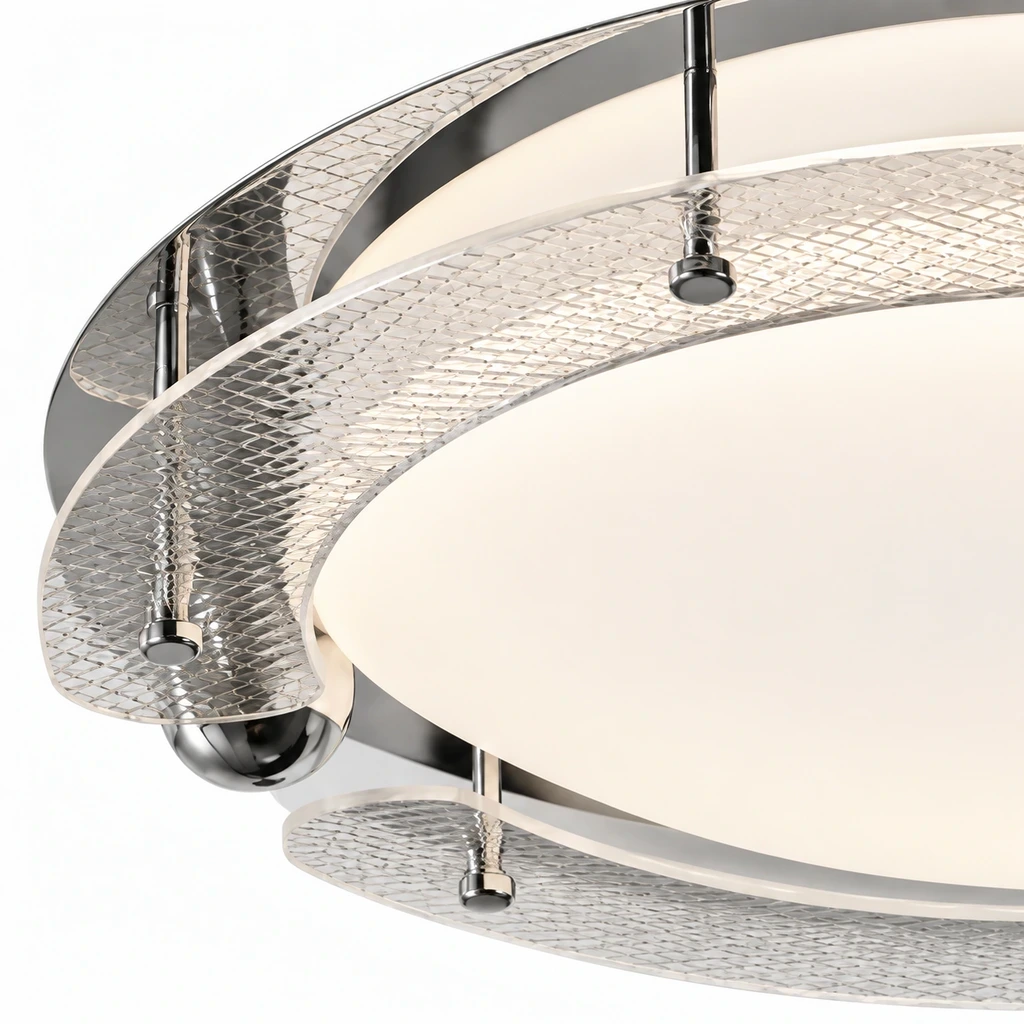 Close view of Iris Bauhaus Orbital Acrylic Alloy Flush Mount textured orbital bands