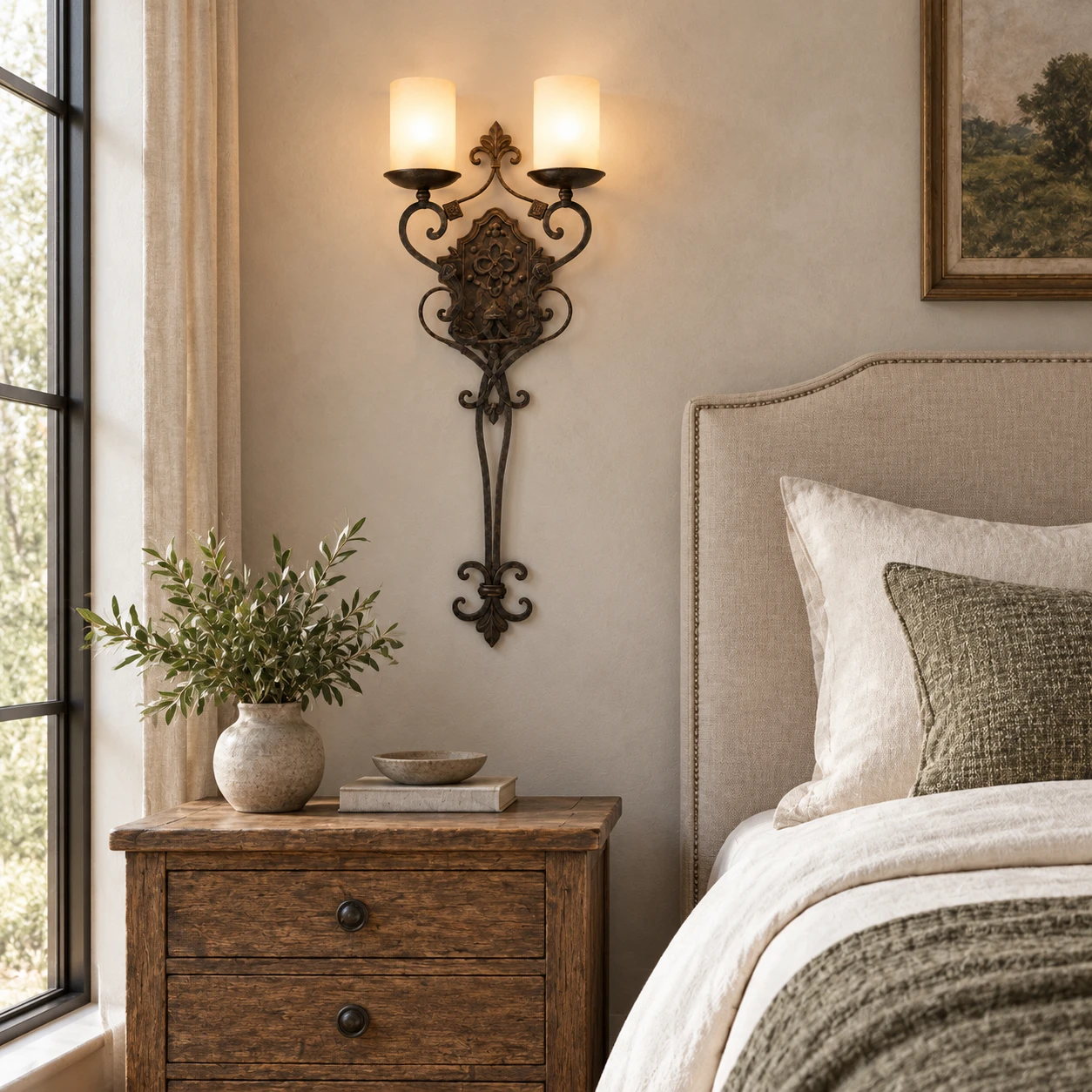 American Rustic Iron Wall Light in a calm bedroom with an aged-oak nightstand and soft morning daylight