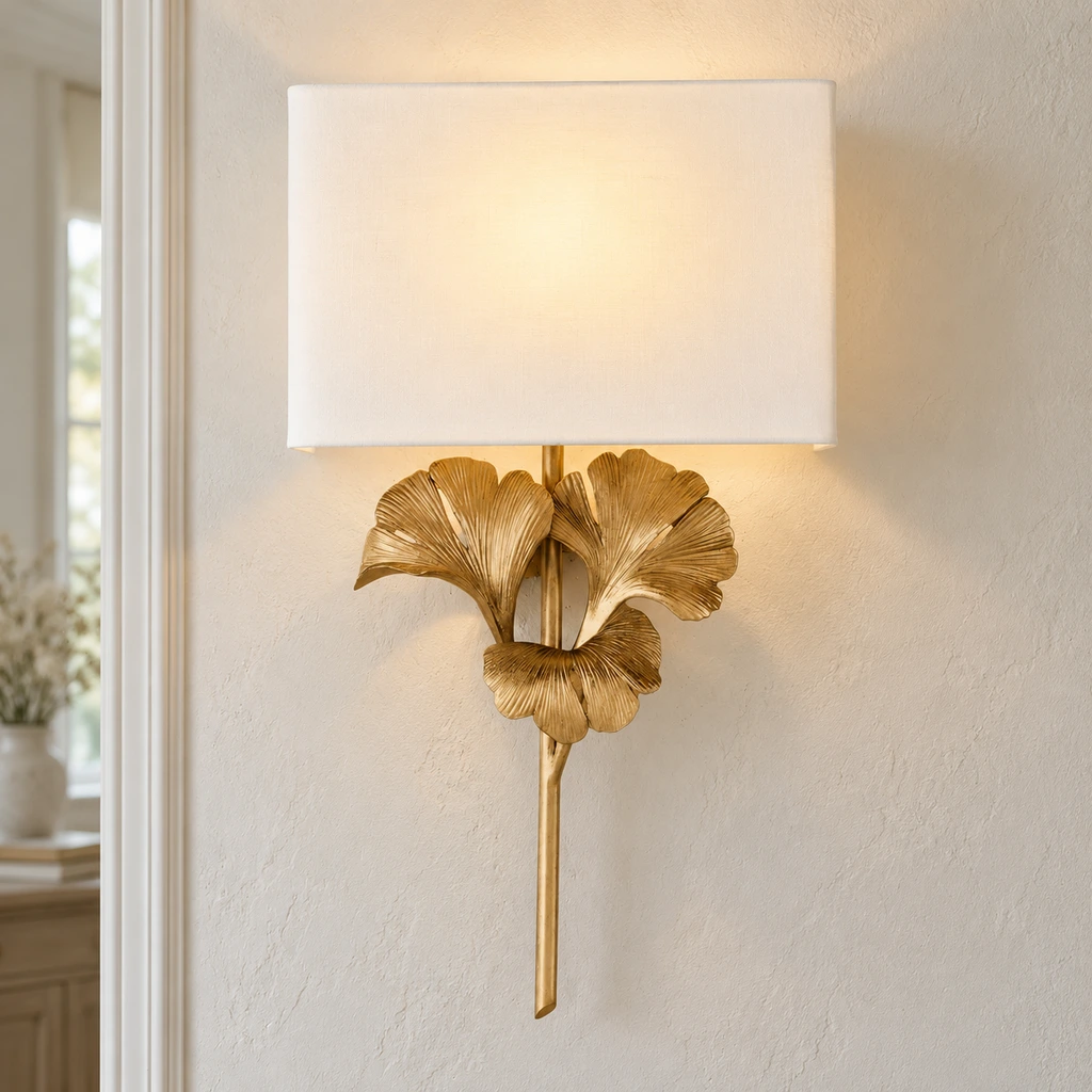 Modern gold ginkgo leaf flush-mount ceiling light against a bright vintage architectural wall