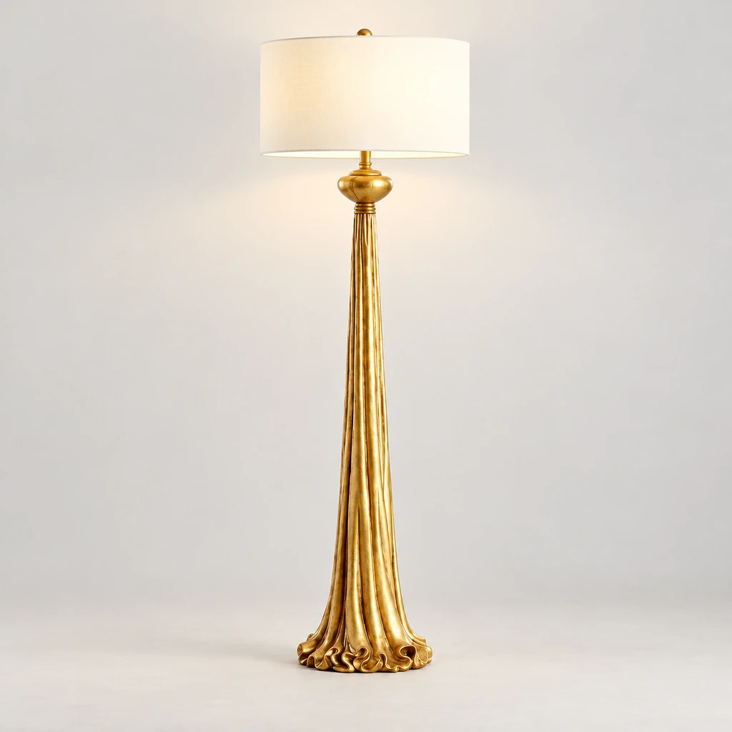 Carved gold floor lamp illuminated in a neutral studio