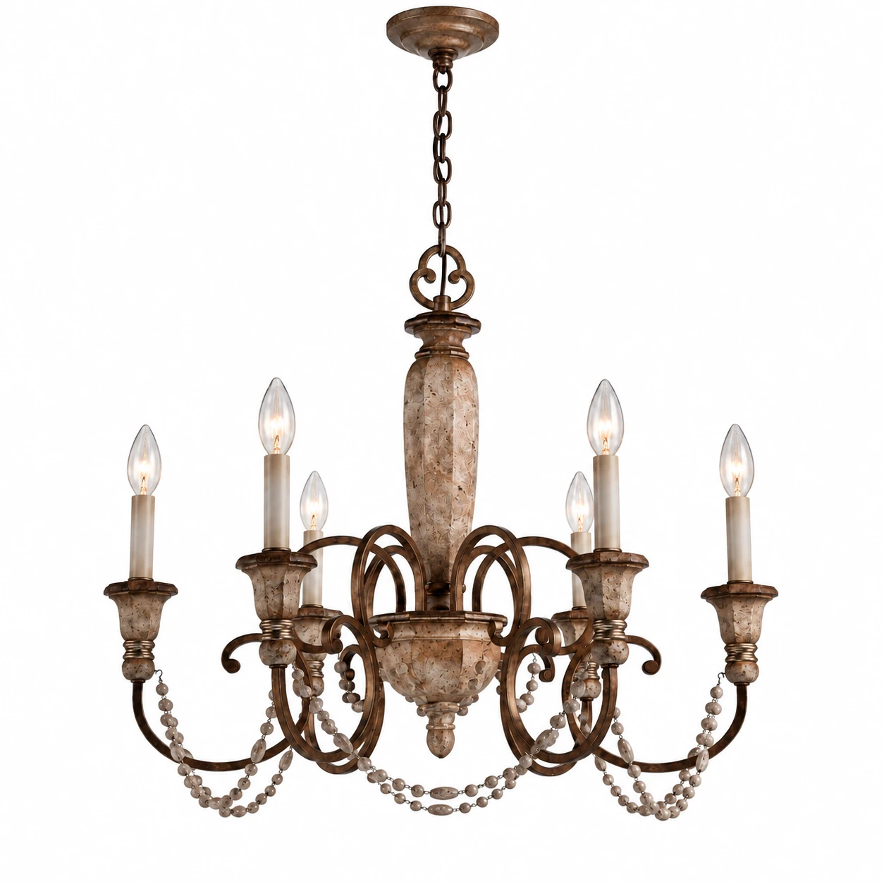 Clara retro six-light carved wood chandelier on a white background