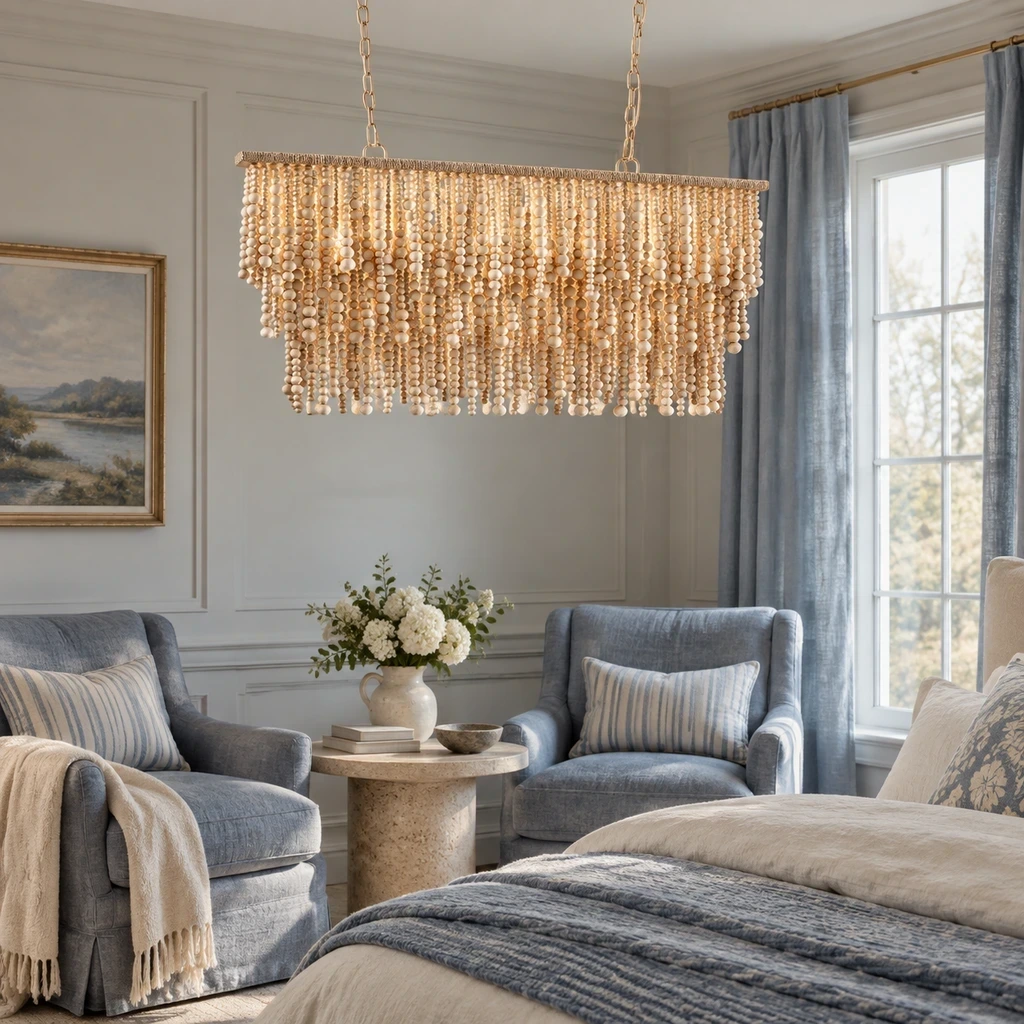 French Bohemian Natural Wood Bead Chandelier above a blue-gray linen seating zone
