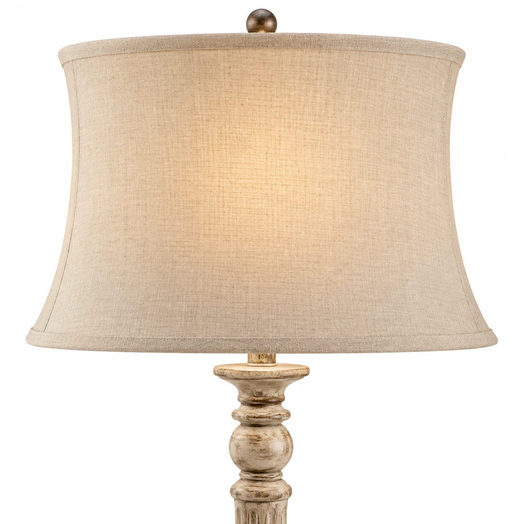 Close detail of the flared oatmeal fabric shade and upper collar