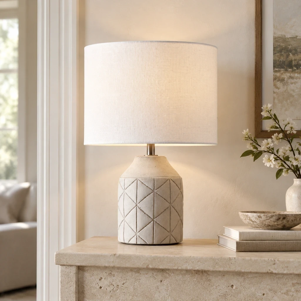 Merritt Geometric Carved Wood Table Lamp with White Drum Shade illuminated in a pale plaster entry