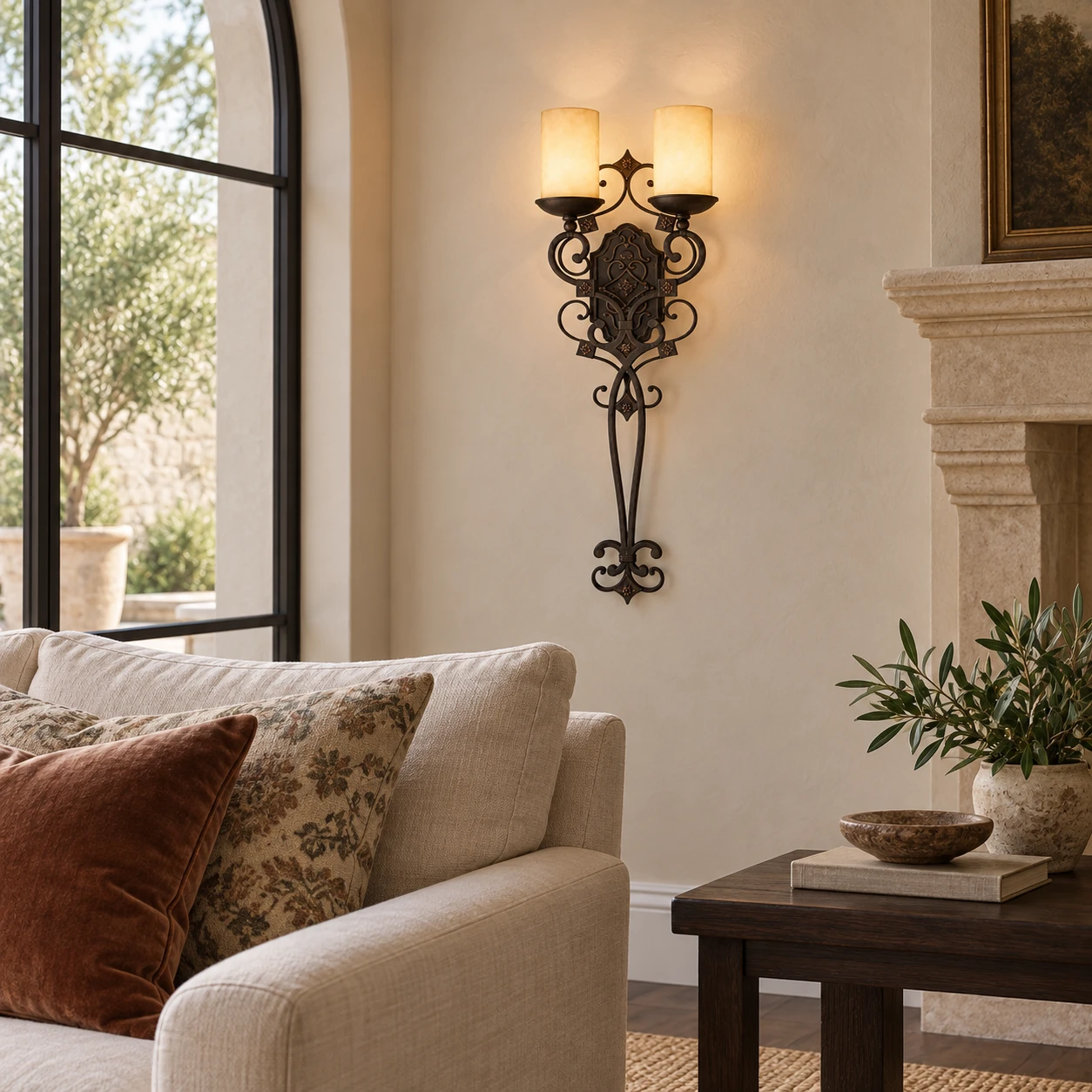 American Rustic Iron Wall Light in a living room with an upholstered sofa and dark oak side table