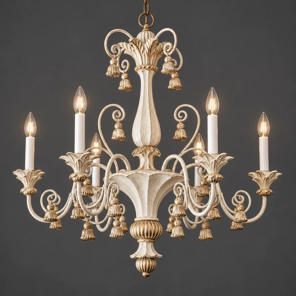 Bellamy six-light carved ivory chandelier illuminated in a neutral studio
