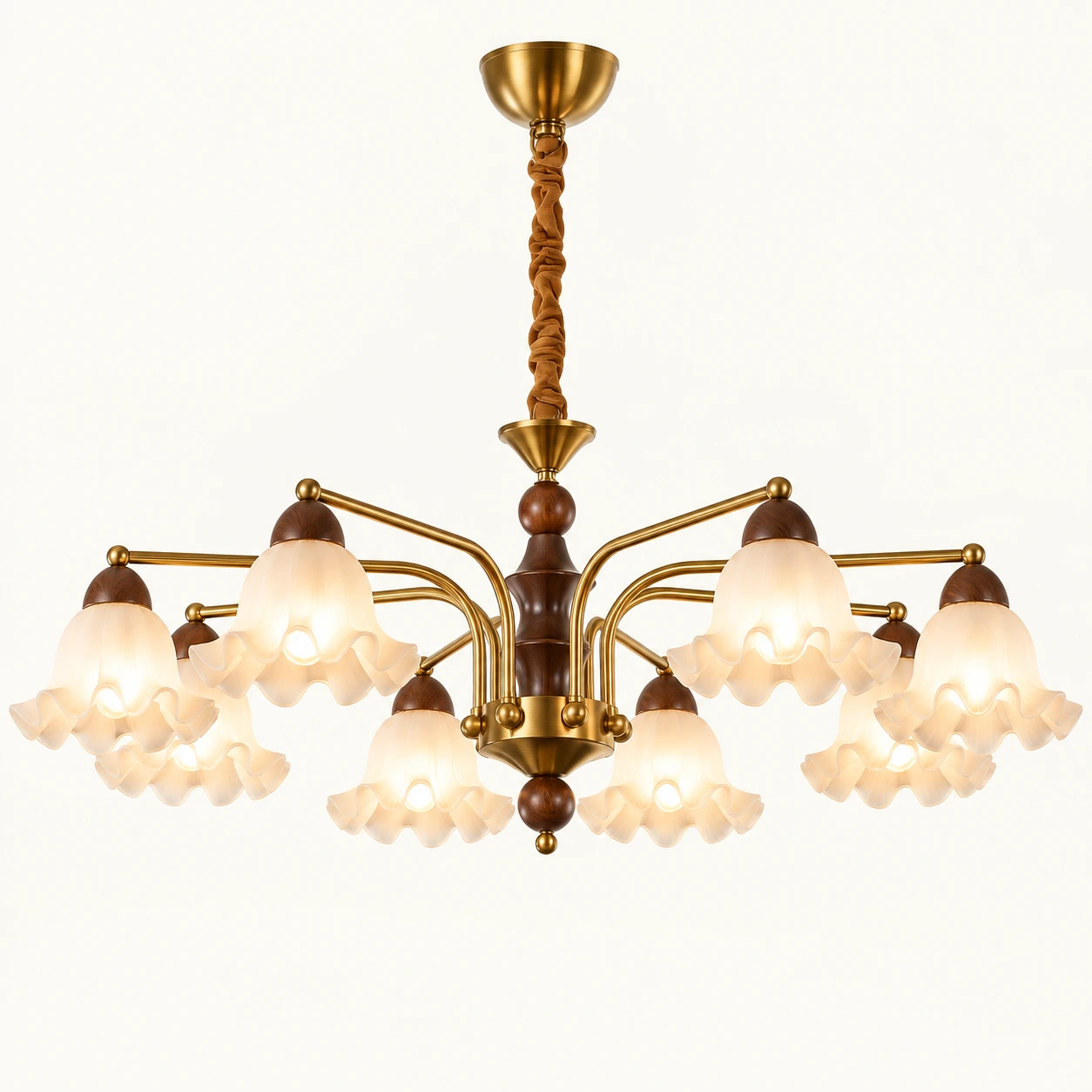 Elara Vintage Branched Walnut Wood Chandelier — white background sku