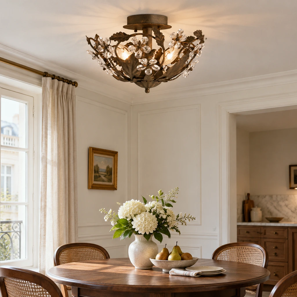 Elodie floral crystal ceiling light installed above a dining table