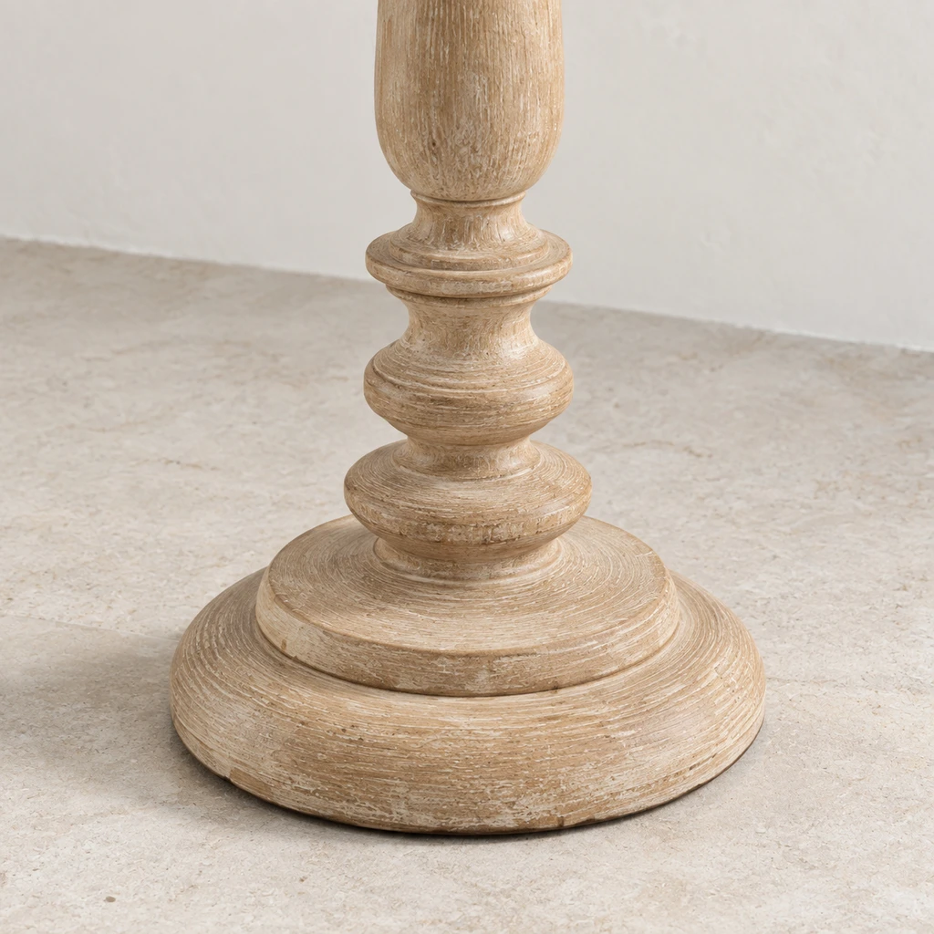 Close detail of the round wooden floor lamp base
