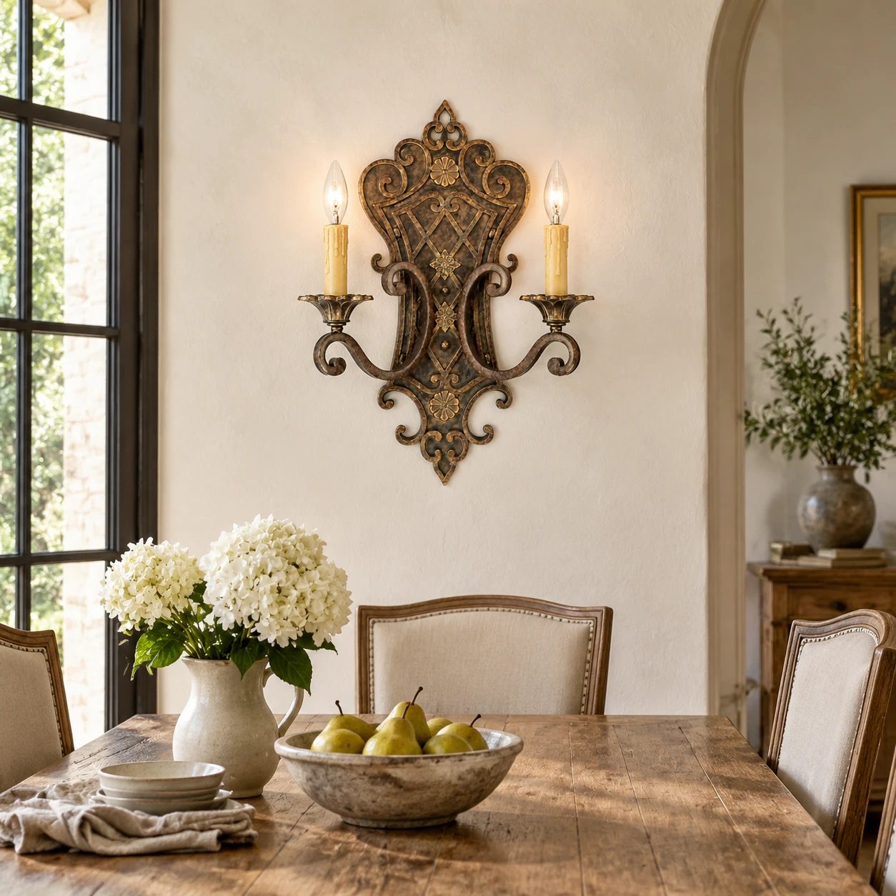 Elena French Decorative Iron Wall Sconce in a residential interior