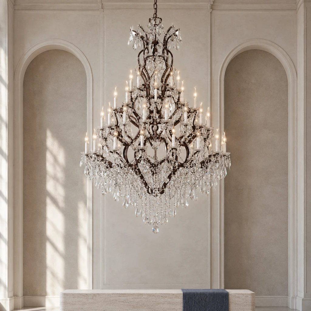 Aurelia chandelier in a tall arched private gallery lobby