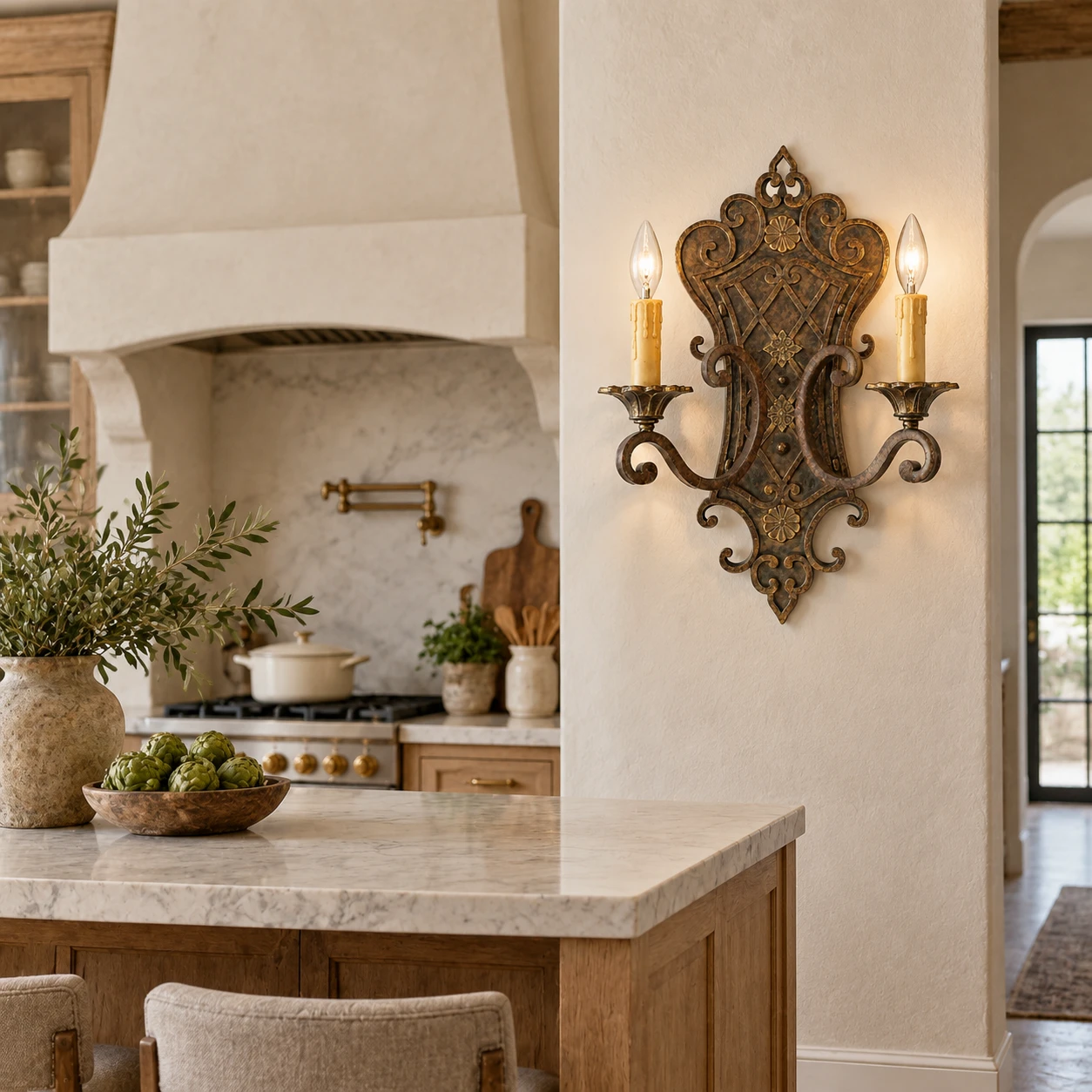 Elena French Decorative Iron Wall Sconce in a residential interior
