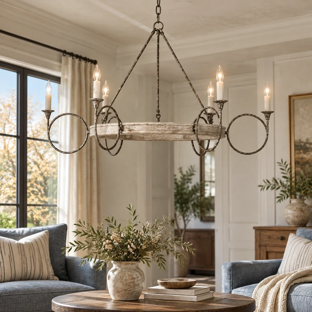 American Rustic Distressed Iron Ring Chandelier above a blue-gray linen seating zone