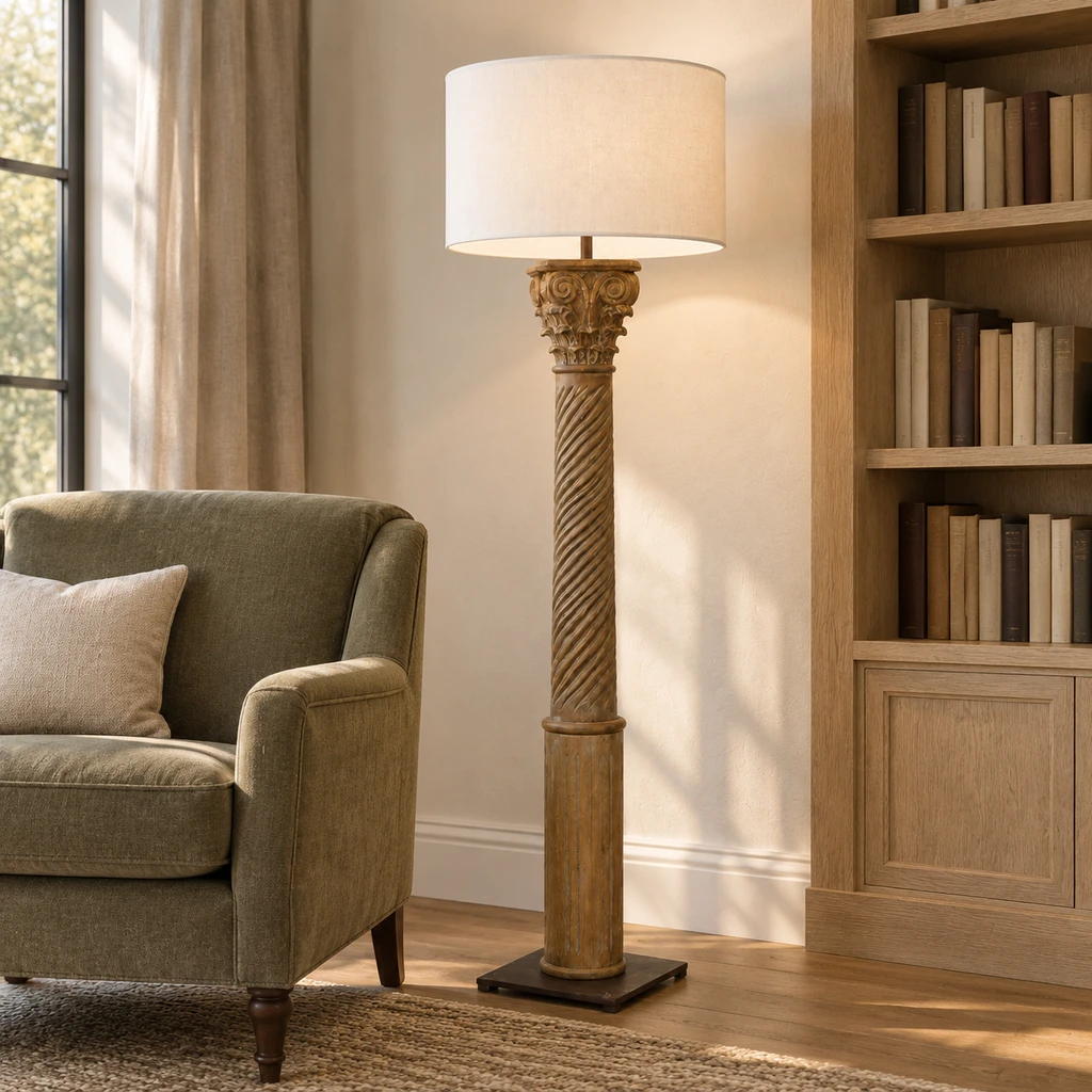 Alden floor lamp beside a pale oak library and reading chair
