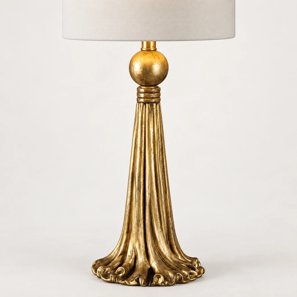 Close detail of the table lamp gold ball, collar and fluted base