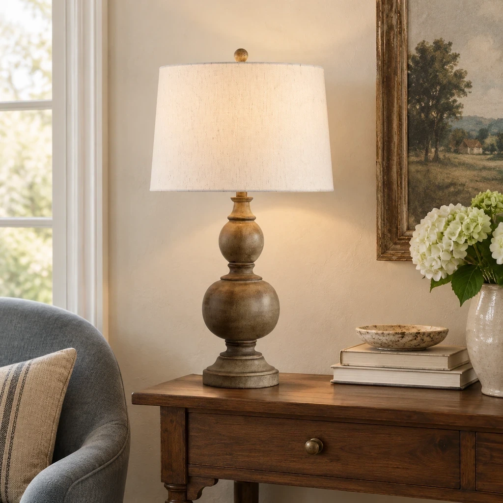 French Rustic Distressed Wood Table Lamp above a warm walnut console