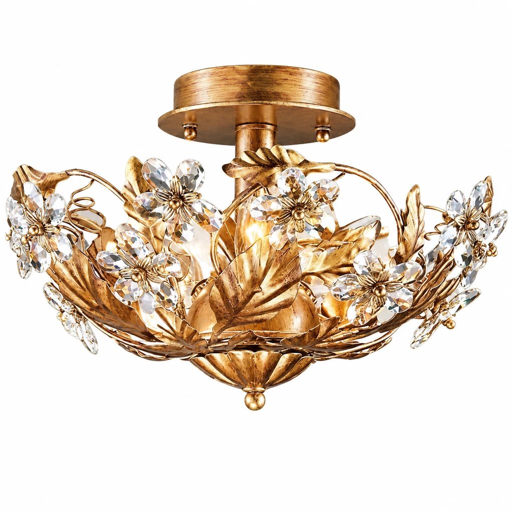 Vintage gold Elodie floral crystal ceiling light on a white background