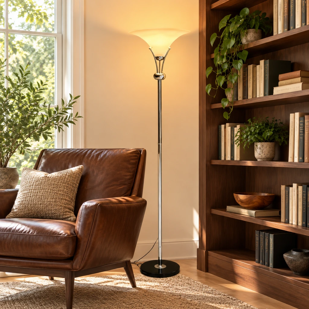 Uplight floor lamp next to a library chair and shelving
