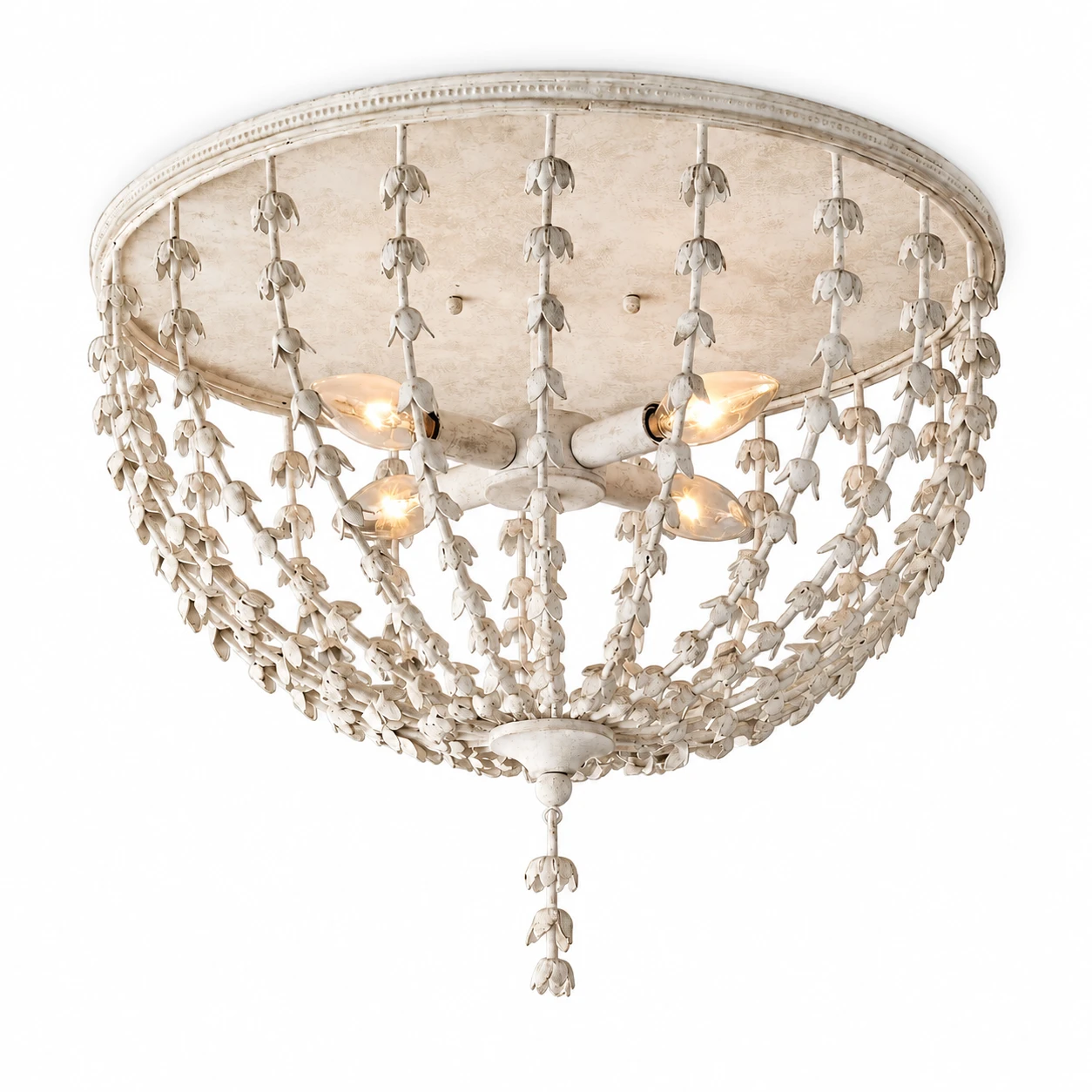 Round distressed ivory floral iron flush-mount ceiling light on a white background