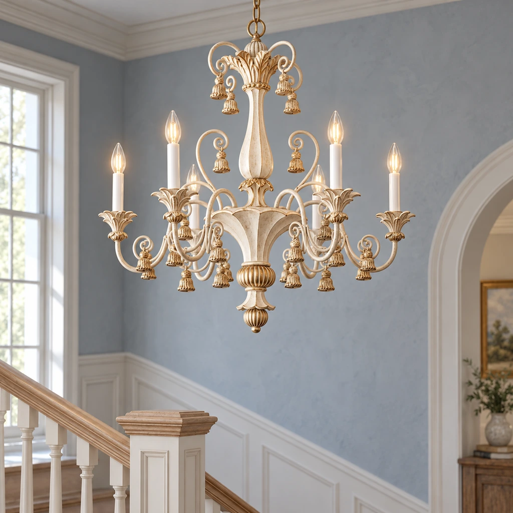 Bellamy six-light carved ivory chandelier above a blue-gray stair landing