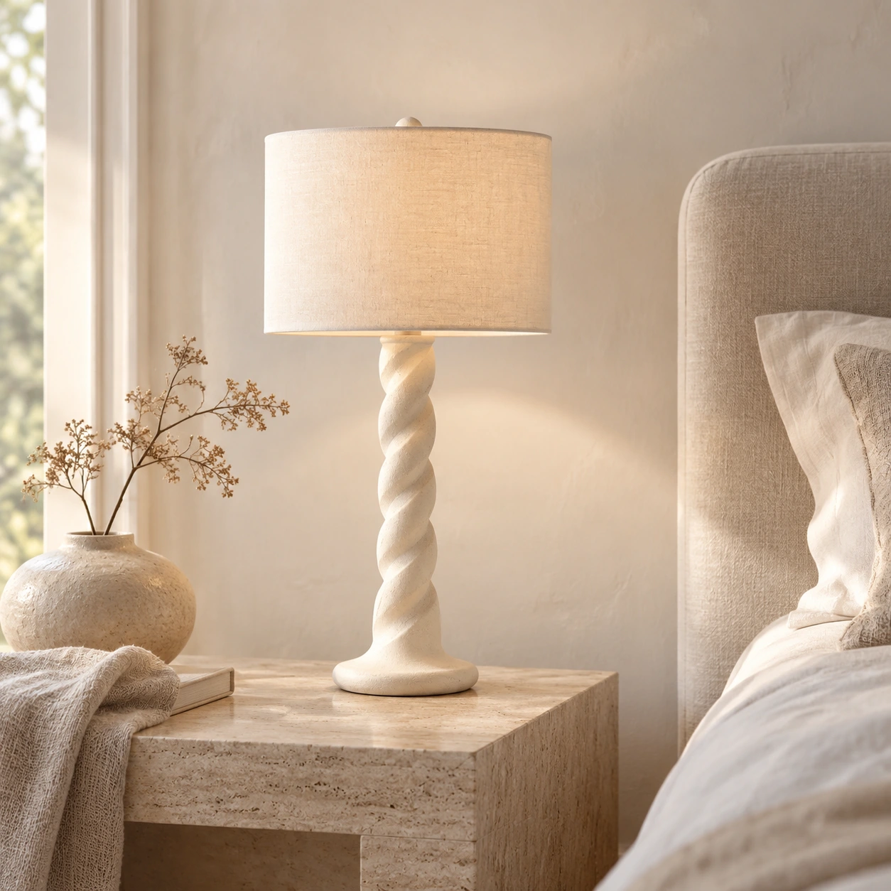 Twisted carved wood table lamp on a bedroom bedside table