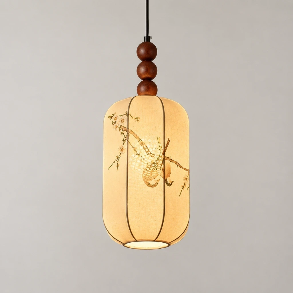 Avery Vintage Single-Light Iron Fabric Pendant Light switched on in a neutral studio