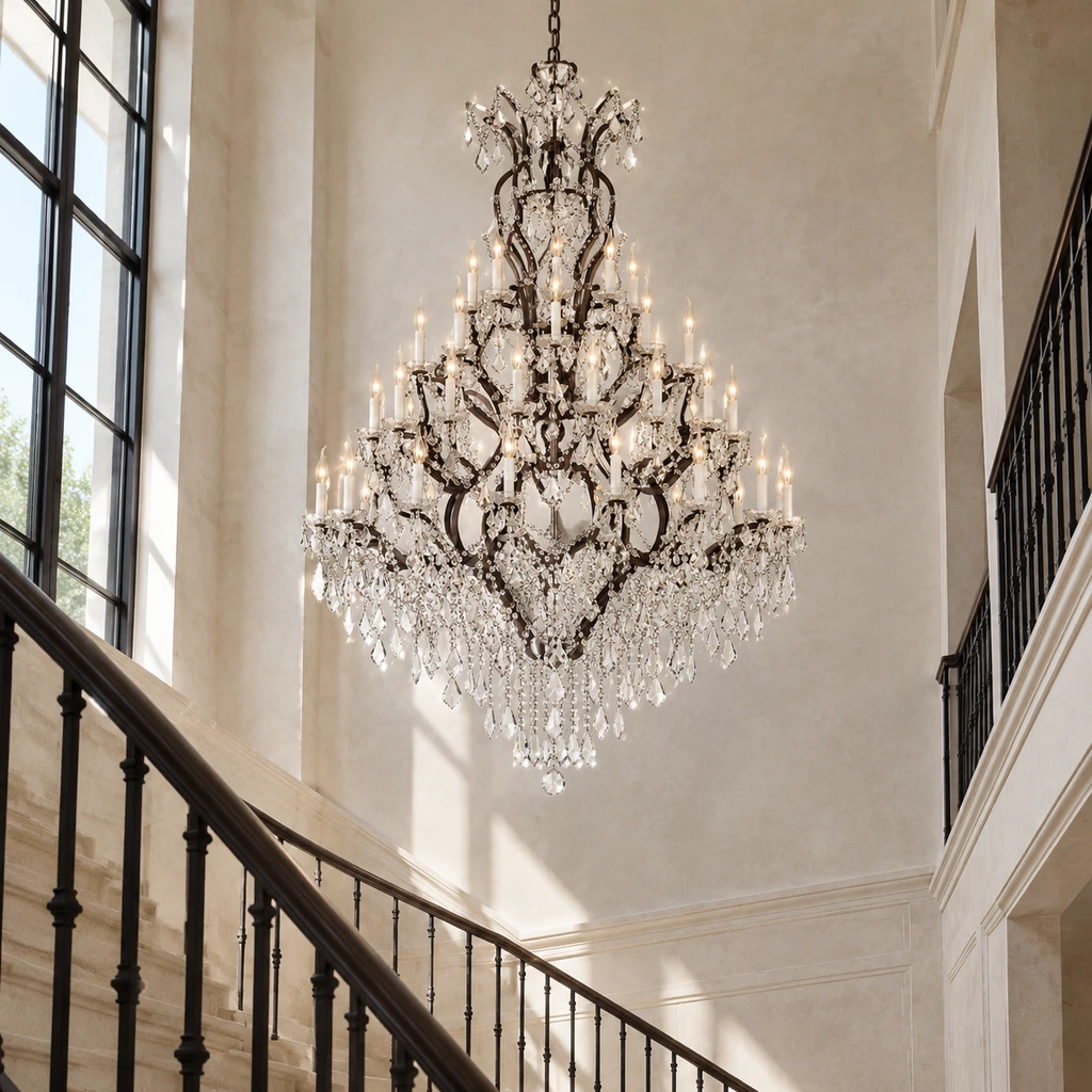 Aurelia chandelier suspended high in a double-height limestone stair hall