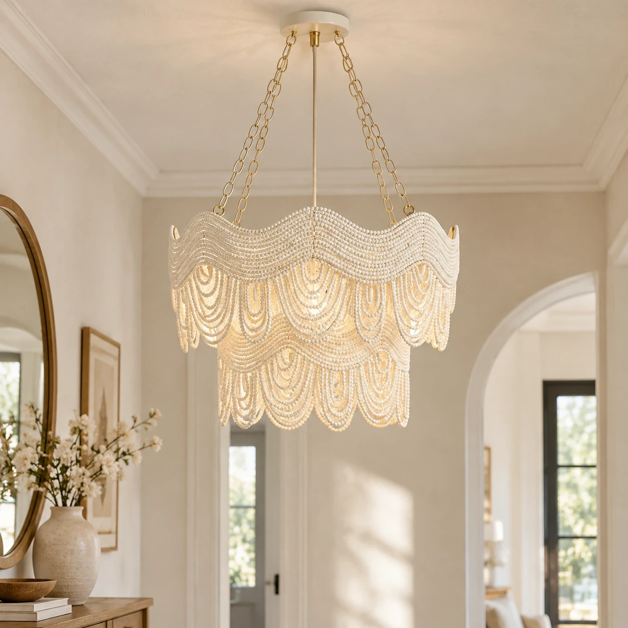 Clara Vintage Minimal Wood and Metal Pendant Light in a bright entryway