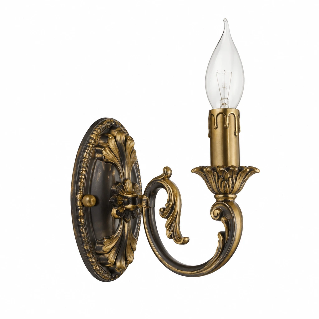 Marcellus ornate gold wall sconce beside a walnut dining banquette against slate-blue plaster