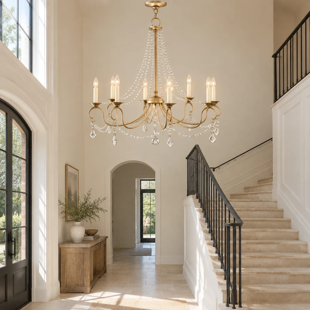 Marlow chandelier in a bright limestone foyer