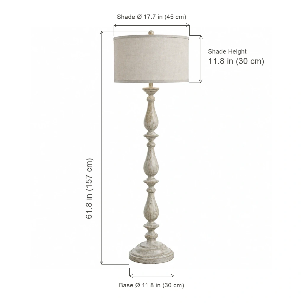 Floor lamp dimensions: 61.8 in (157 cm) height, 17.7 in (45 cm) shade diameter, 11.8 in (30 cm) shade height and base diameter