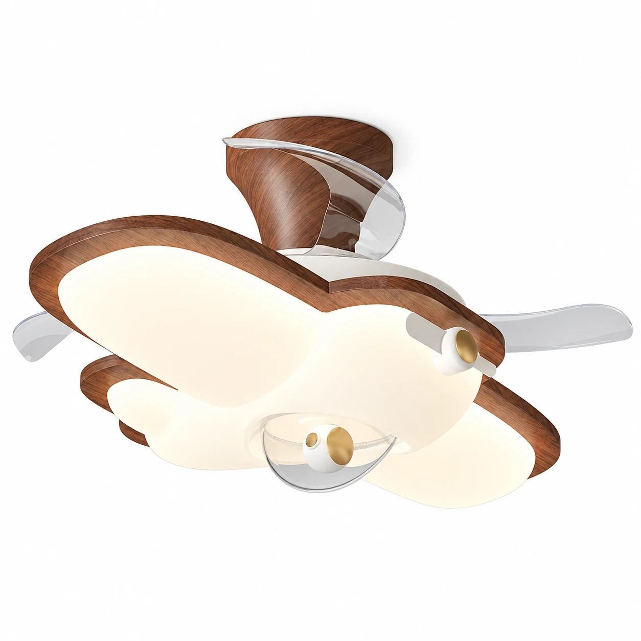 Walnut integrated ceiling fan light on a clean white background