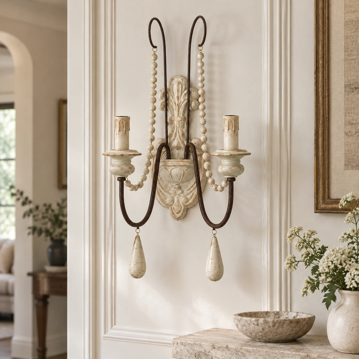 Mara Rustic Double-Arm Wood & Iron Wall Sconce — scene vintagewhite hall
