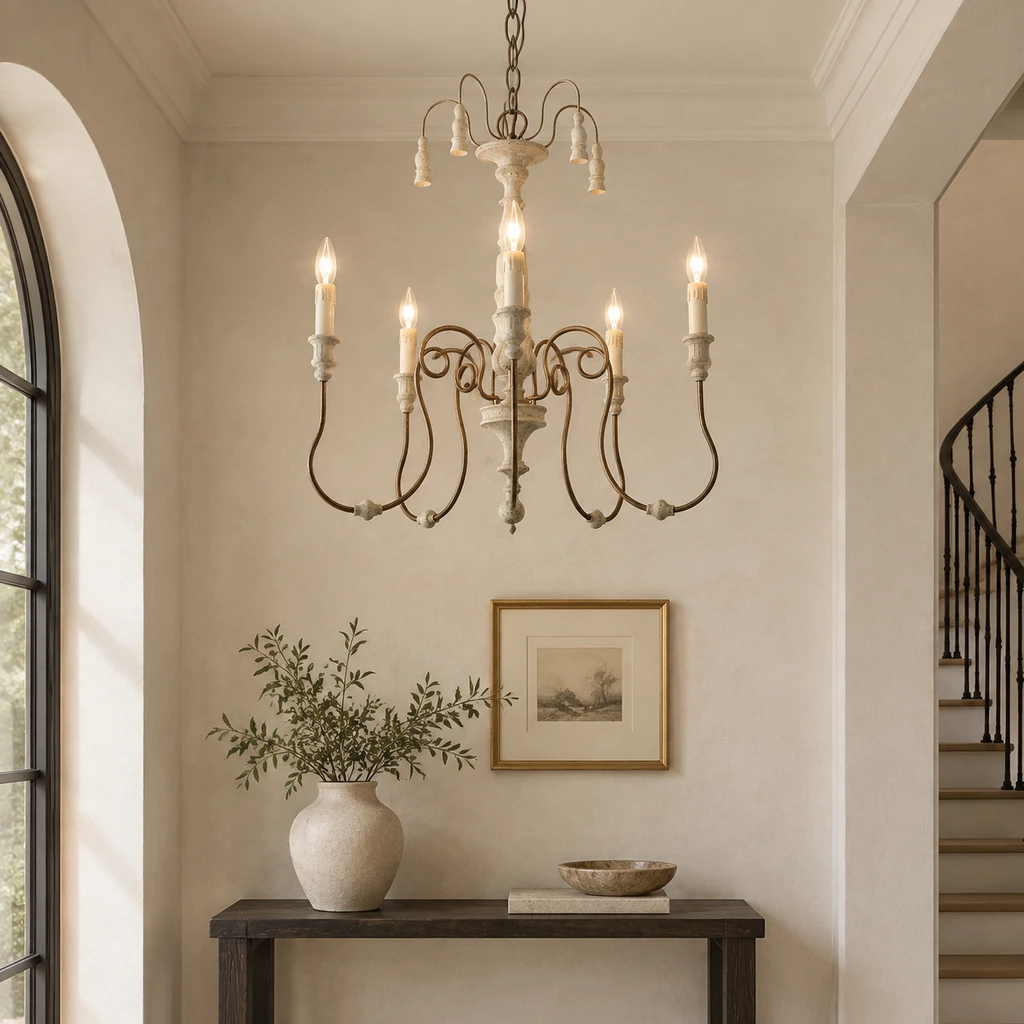 Lucien chandelier in a pale limestone entry hall