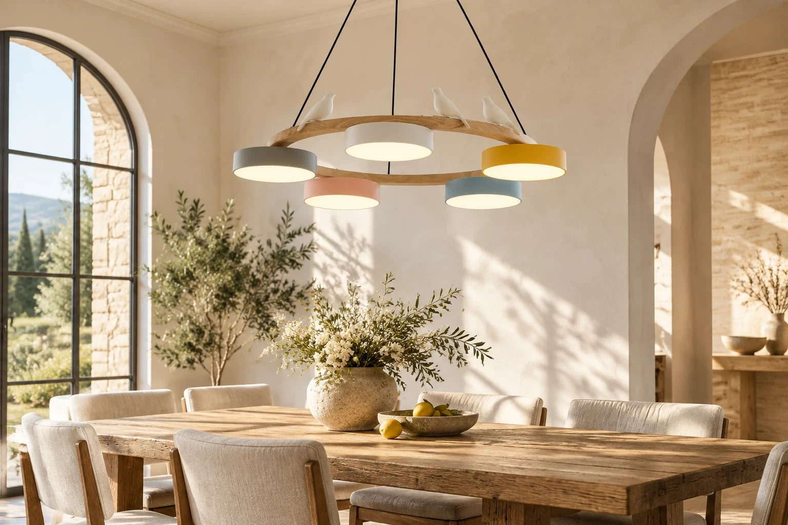 Suspension Cadmus multicolore à 5 lumières au-dessus d’une table à manger ; mise en scène générée par IA