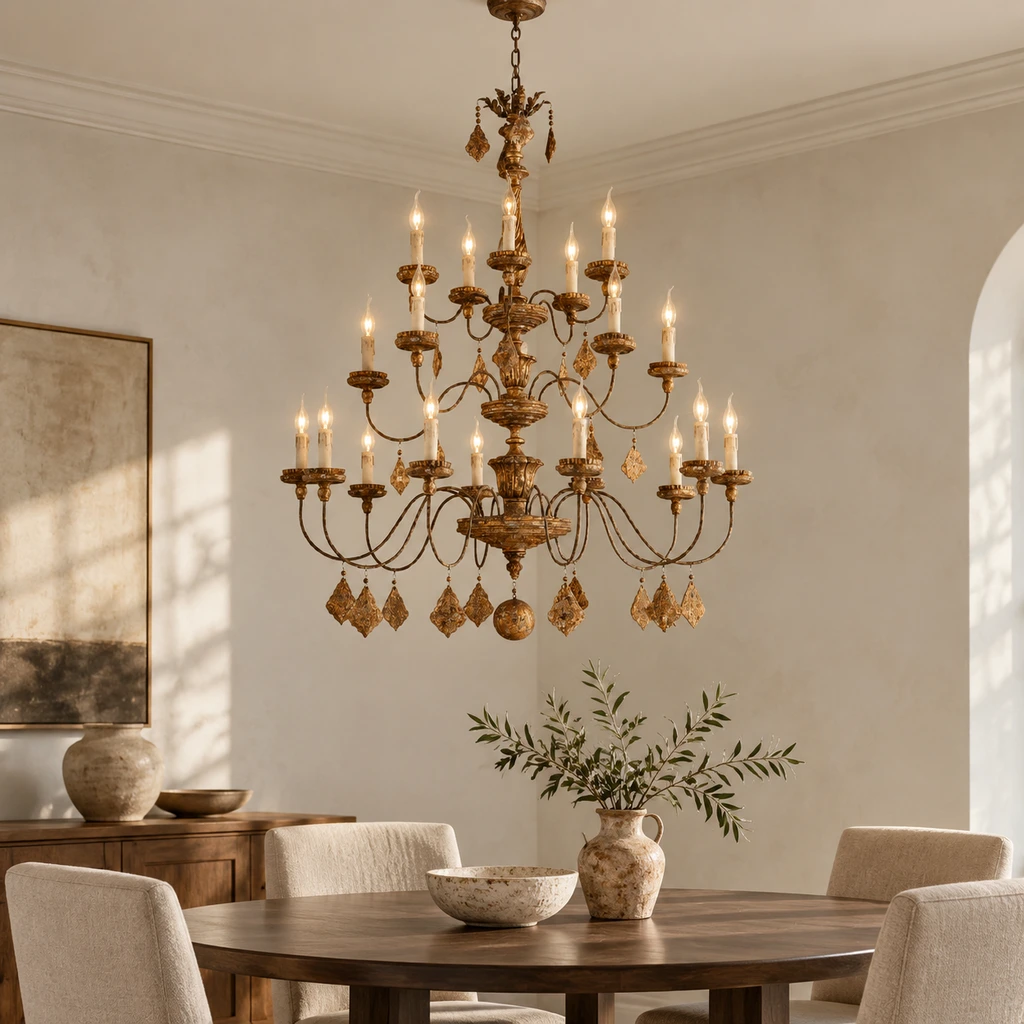 Marlowe chandelier above a compact dark walnut dining table
