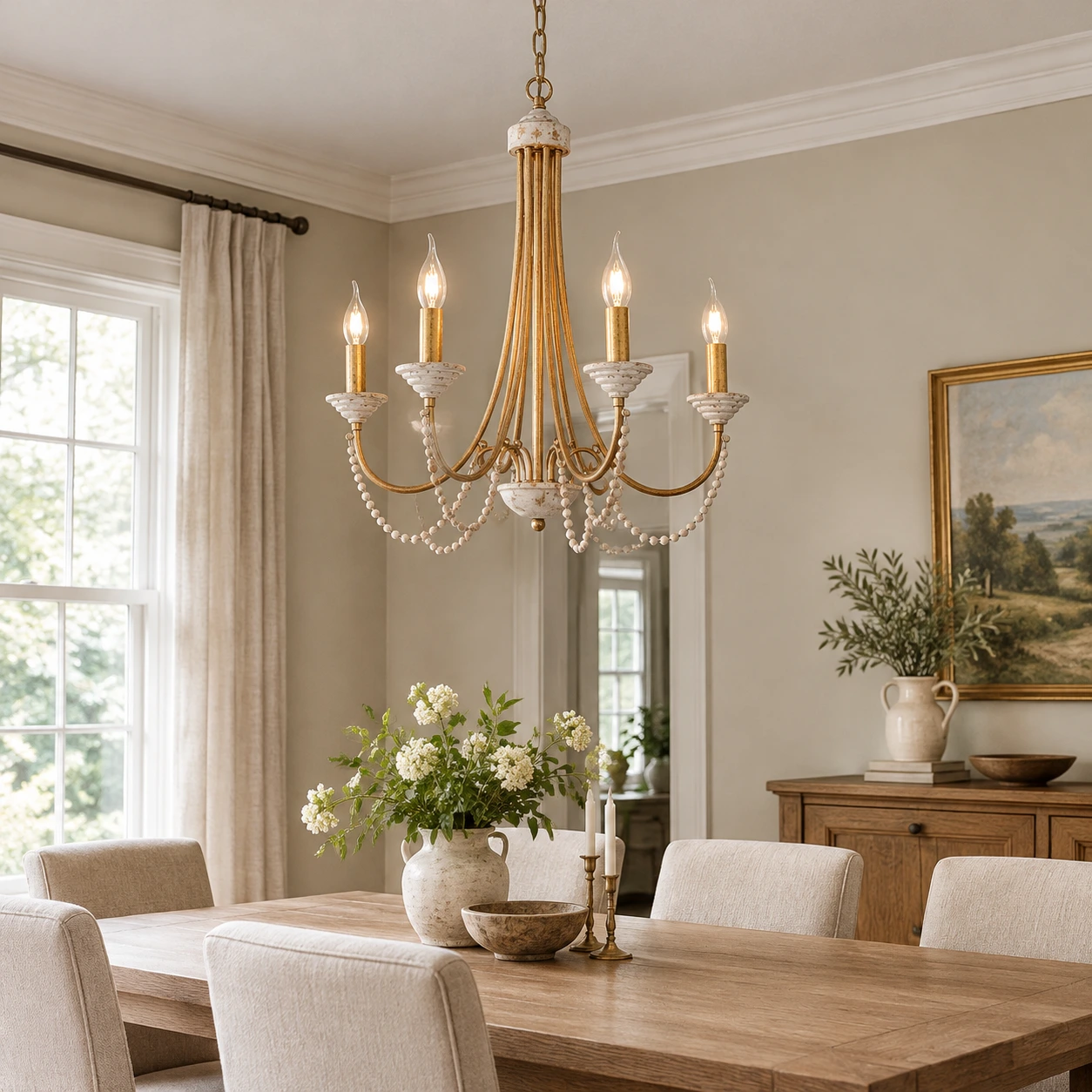 Antique gold six-light wood bead chandelier above a dining table with irregular arm spacing