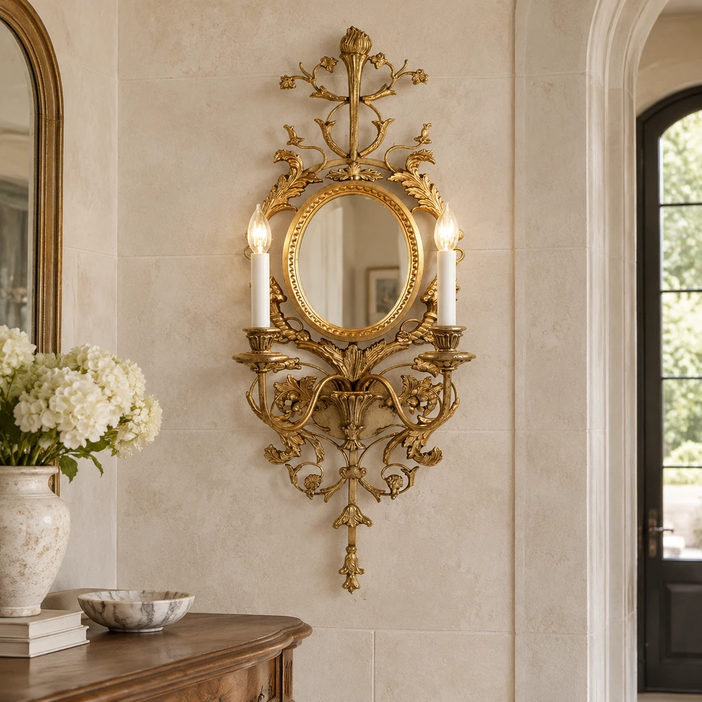 Ornate mirror wall sconce in a pale stone entryway