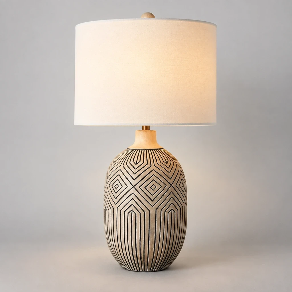 Merritt Bohemian Carved Wood Table Lamp switched on in a neutral studio
