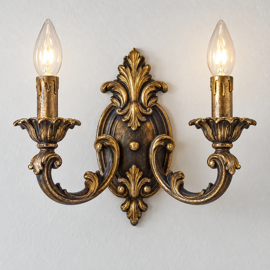 Marcellus ornate gold wall sconce in a cool blue-gray hospitality corner
