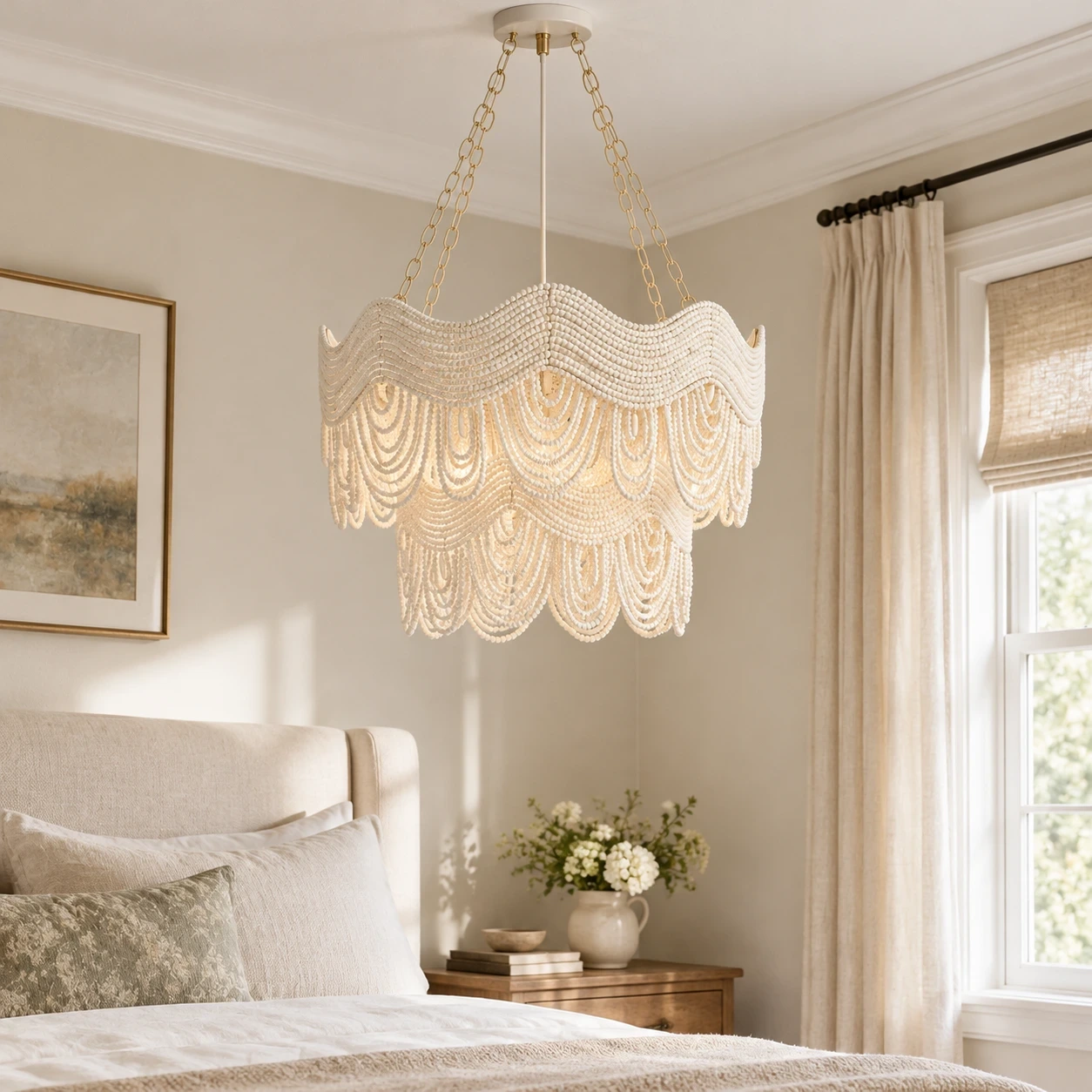 Clara Vintage Minimal Wood and Metal Pendant Light in a bright bedroom